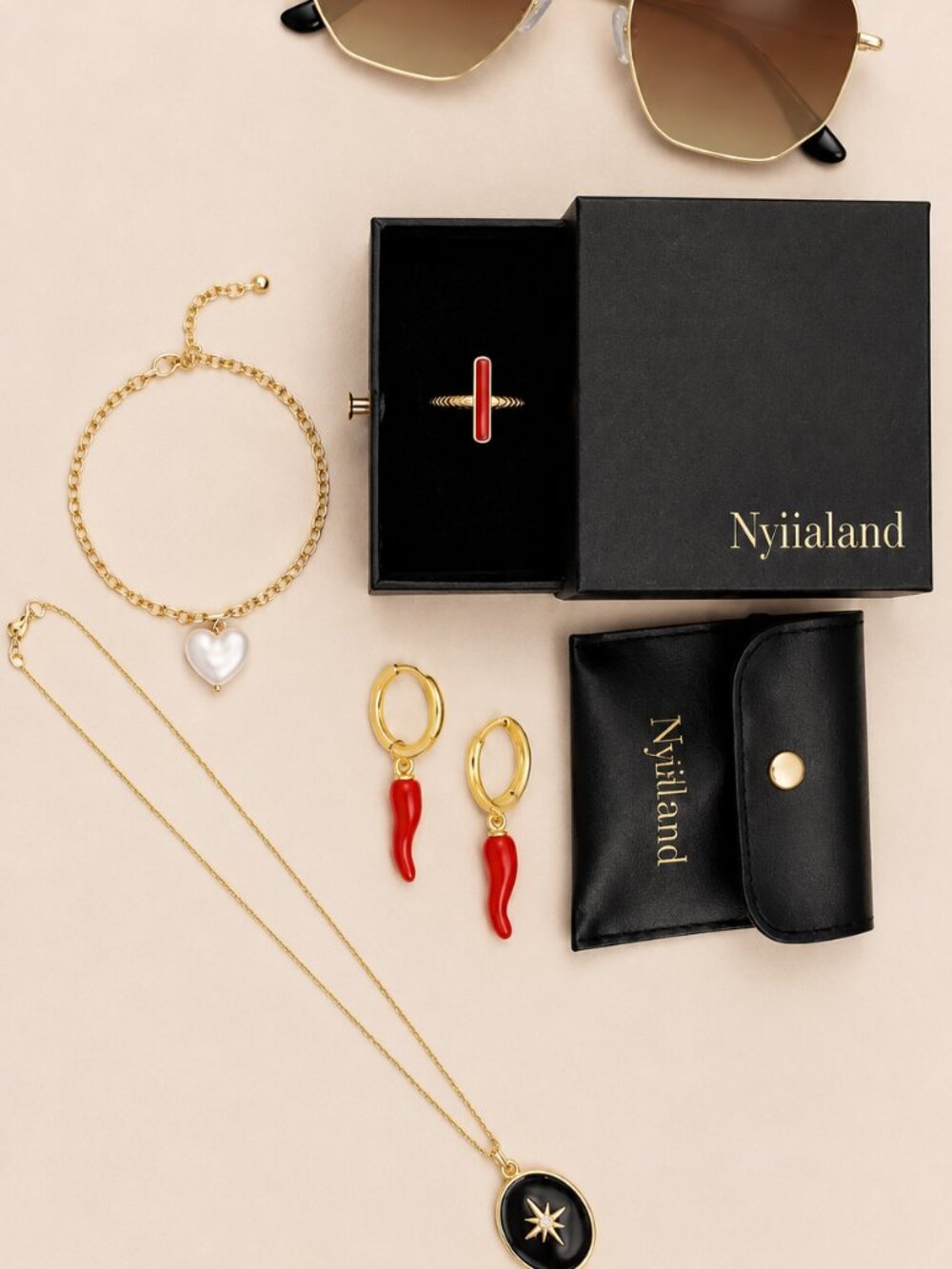 Nylialand Gold Jewelry Set | Celestial Starburst Necklace & Chili Hoops